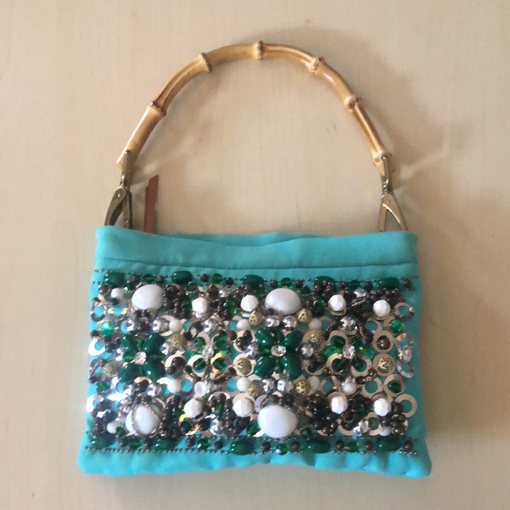 Miu Miu Bead & Sequin Bamboo Handle Turquoise Bag - image 1